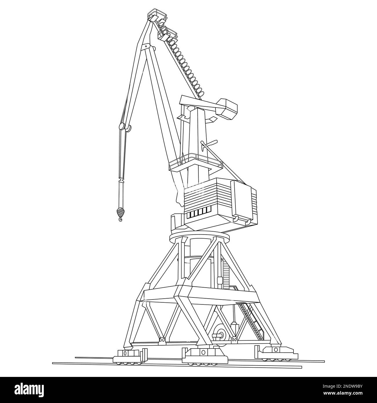 Struttura della gru portuale per il carico e lo scarico di navi da carico isolate. Illustrazione vettoriale. Foto Stock