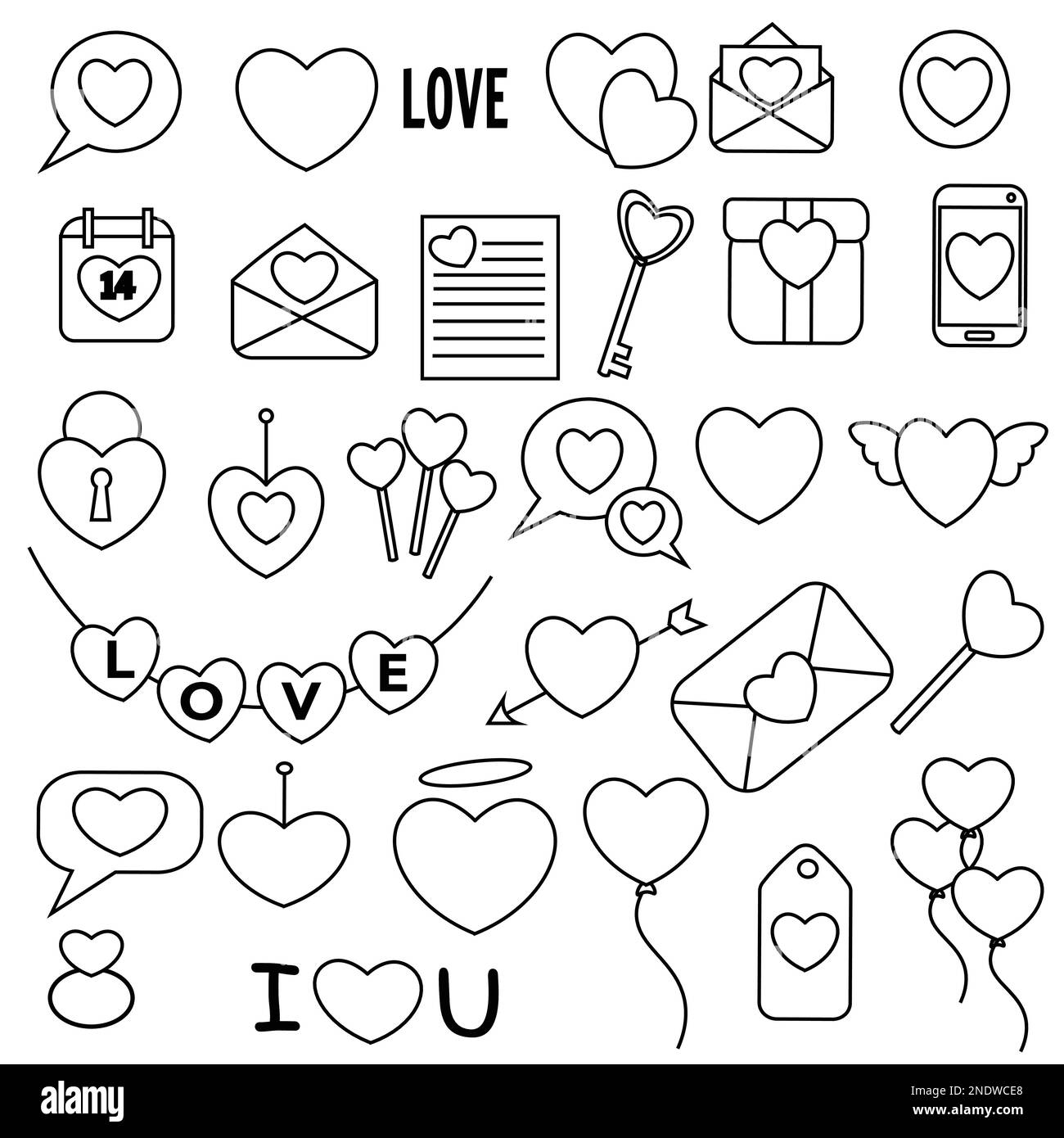 Set di icone linea di San Valentino per amore, romanticismo, San Valentino Illustrazione Vettoriale