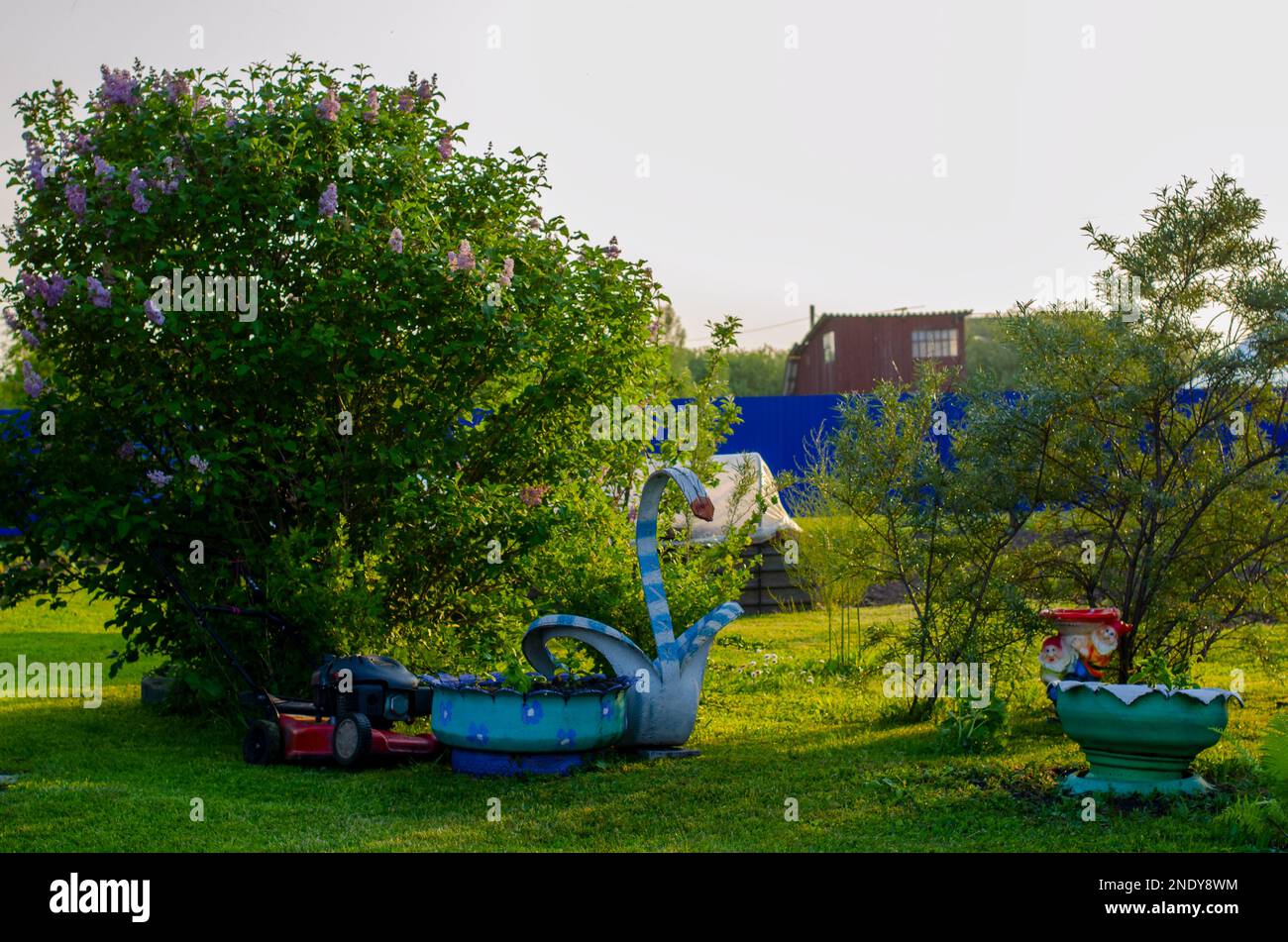 La figura di un'oca fatta in casa da un pneumatico ruota auto con aiuole fiorite si trova in un terreno da giardino sotto cespugli su erba verde in primavera. Foto Stock