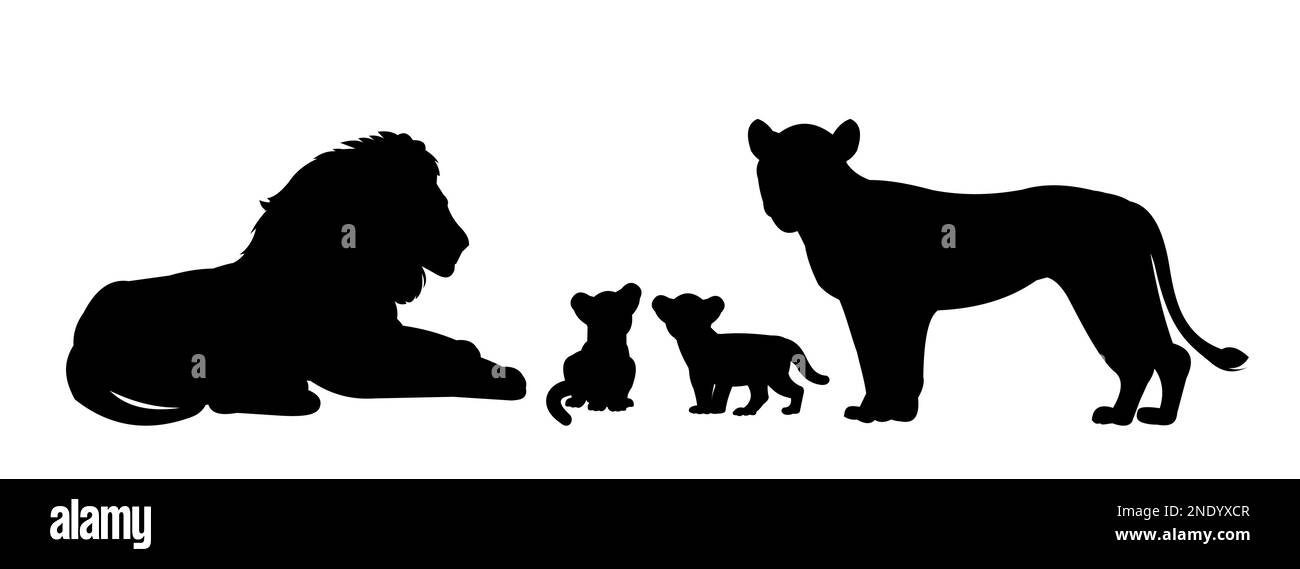 Famiglia di leoni riposano. Predatore africano della savana. Immagine della silhouette. Animale pericoloso in condizioni naturali. Isolato su sfondo bianco Illustrazione Vettoriale