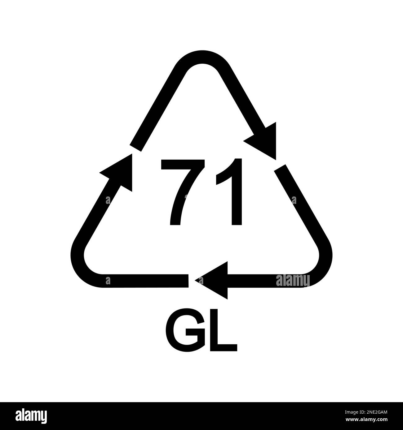 Icona in vetro riutilizzabile. Cartello di riciclaggio 71 GL in forma triangolare con frecce isolate su fondo bianco. Concetto di gestione dei rifiuti. Grafica vettoriale Illustrazione Vettoriale