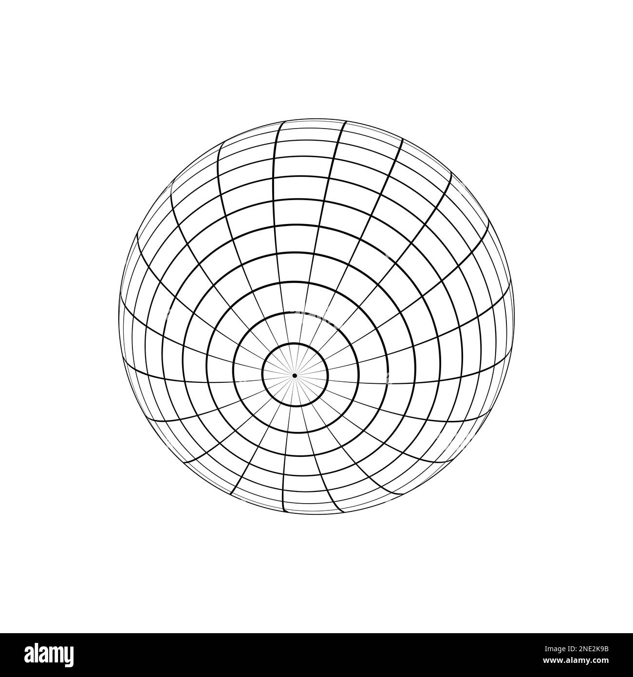 Struttura a reticolo a 3D sfere. Modello orbitale, forma sferica, sfera con griglia. Figura del globo terrestre con longitudine e latitudine, linee parallele e meridiane isolate Illustrazione Vettoriale