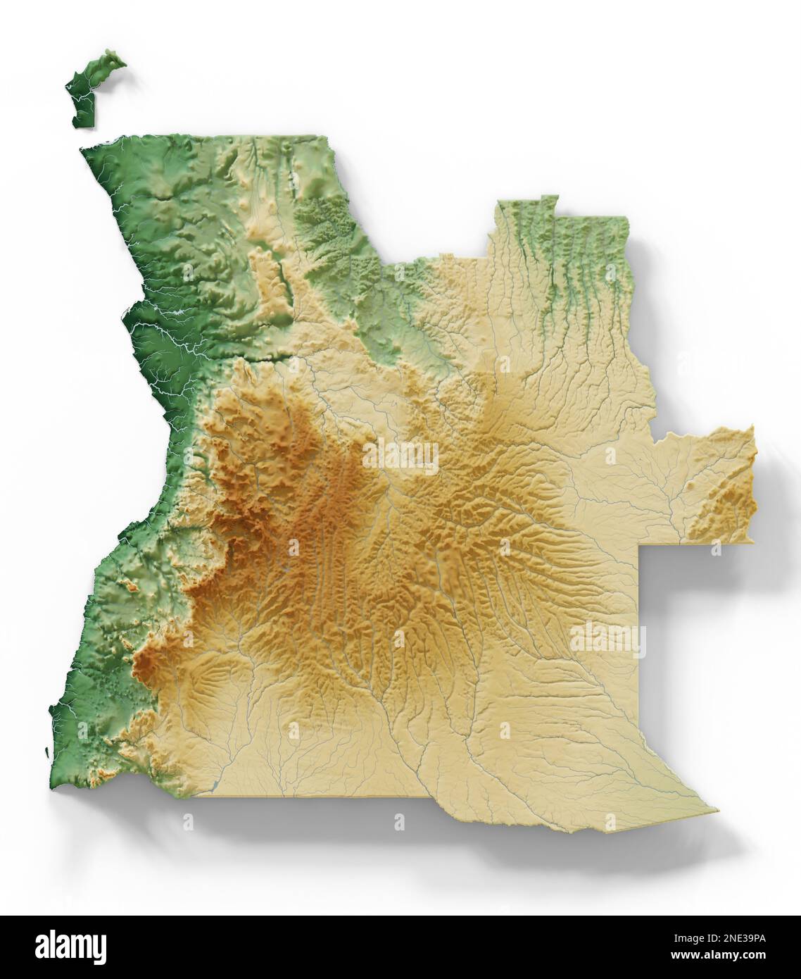 Angola. Rendering 3D estremamente dettagliato di una mappa in rilievo ombreggiata con fiumi e laghi. Colorato dall'elevazione. Creato con i dati satellitari. Foto Stock