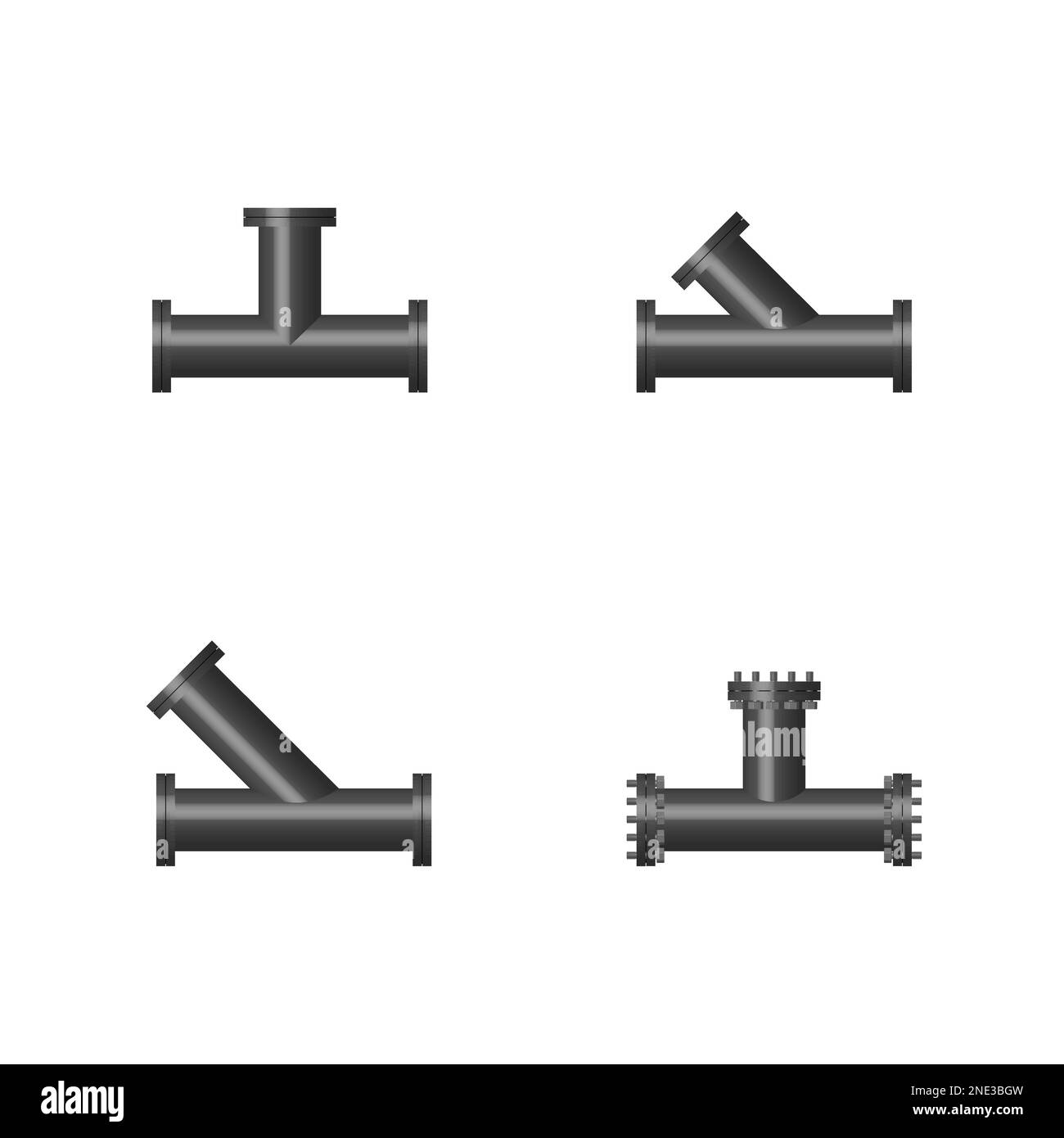 Set di tubi in acciaio con flange di collegamento, illustrazione vettoriale 3D. Illustrazione Vettoriale