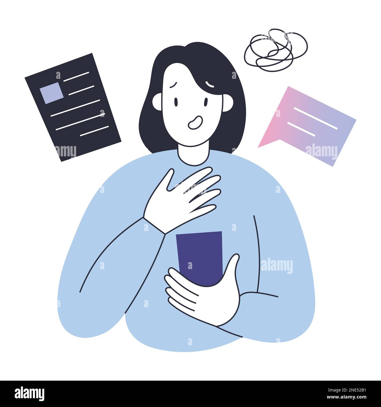 Persona che legge le cattive notizie nei feed dei social media, ansiosa espressione del volto, mettere la mano sul petto, doomscrolling, illustrazione vettoriale Illustrazione Vettoriale