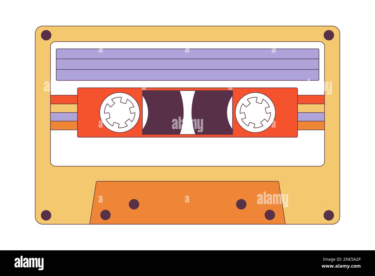 Disco con cassette stereo retro. Nastro audio magnetico analogico. Cassetta con etichetta retrò come oggetto vintage per il design del nastro revival mix 80s Illustrazione Vettoriale