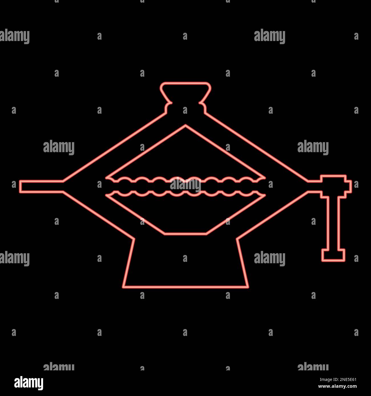 Martinetto a vite al neon meccanismo di sollevamento per il sollevamento di carichi sostenuti di manutenzione di auto forma a forbice rosso colore vettore illustrazione immagine piatta Illustrazione Vettoriale