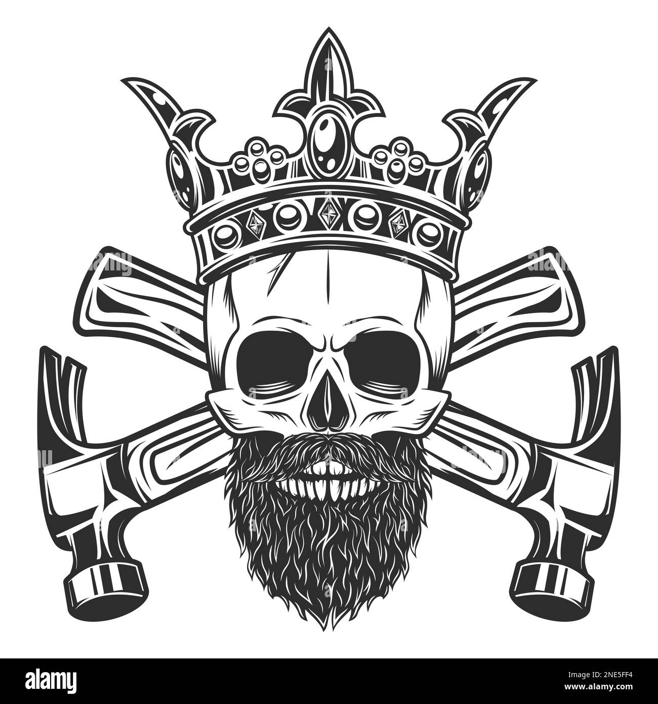 Cranio con baffi e barba e costruttore reale corona attraversato martelli da nuova costruzione e ristrutturazione casa business in stile monocromatico vintage Illustrazione Vettoriale