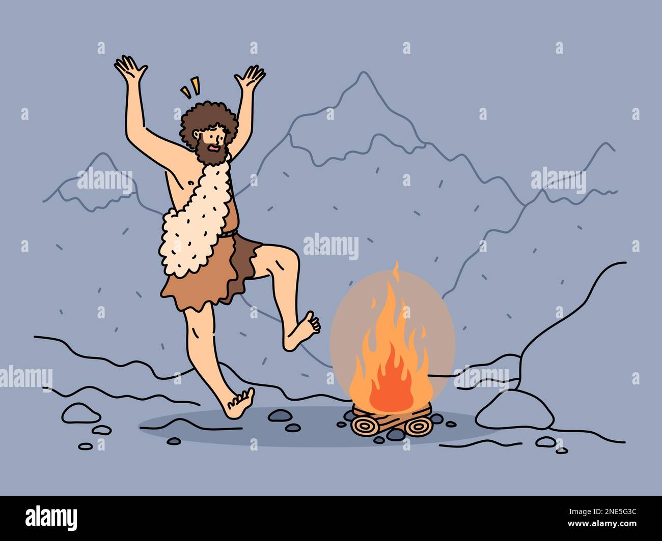 L'uomo indigeno che balla vicino al fuoco nella natura. Antenato tribale maschile vicino al fuoco in paesaggio montano. Illustrazione vettoriale. Illustrazione Vettoriale