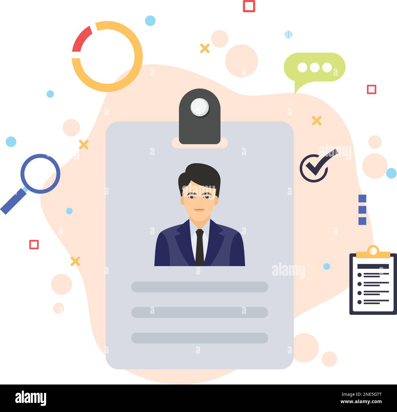 Carta di identificazione del personale con icona a colori Vector a clip, etichetta per visitatori, illustrazione del cartoncino in PVC per dipendenti con concetto di clip, simbolo HRM, Illustrazione Vettoriale