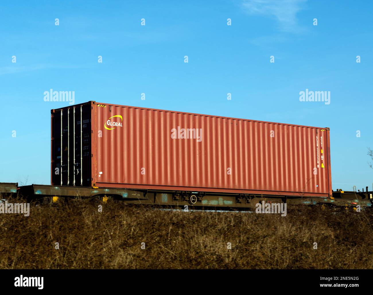 Container globale su un treno intermodale, Warwickshire, Regno Unito Foto Stock