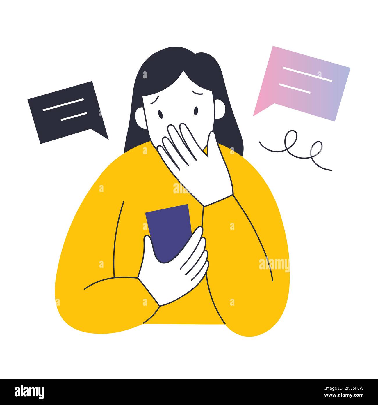 Una donna millenaria che legge cattive notizie scioccanti nel suo feed sui social media, scioccata, mettendo la mano sul viso, illustrazione vettoriale Illustrazione Vettoriale