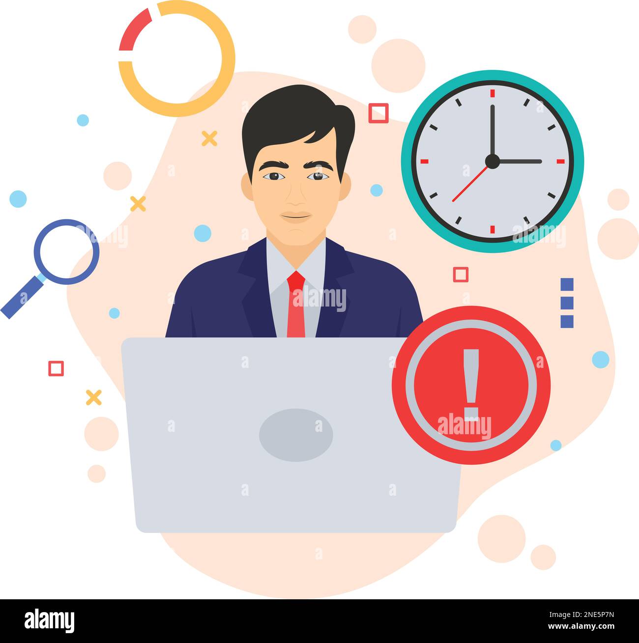 Lavoratore disonesto con segno esclamativo, concetto di dipendente improduttivo, simbolo hrm, comportamento del team non produttivo design di icone a colori vettoriali, persona pigra Illustrazione Vettoriale