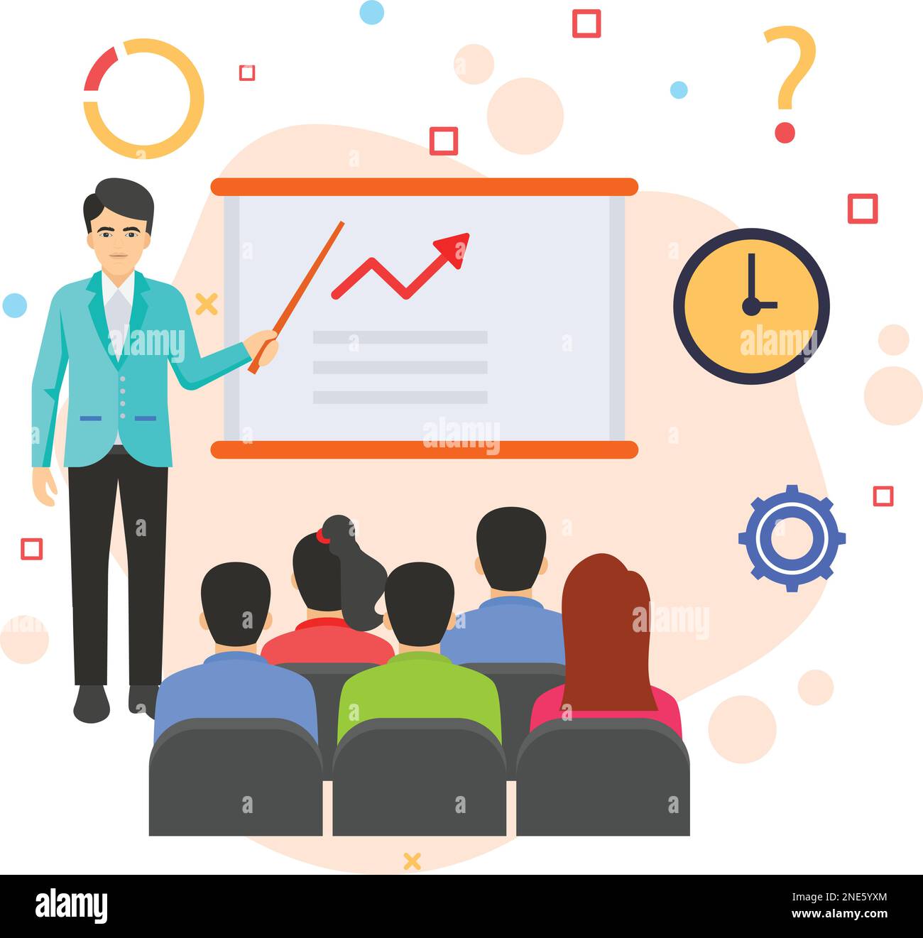 Formazione e sviluppo per adulti concetto di scena in aula, simbolo hrm, presentazione del manager sul design delle icone a colori del vettore di crescita, insegna hr, Business Illustrazione Vettoriale