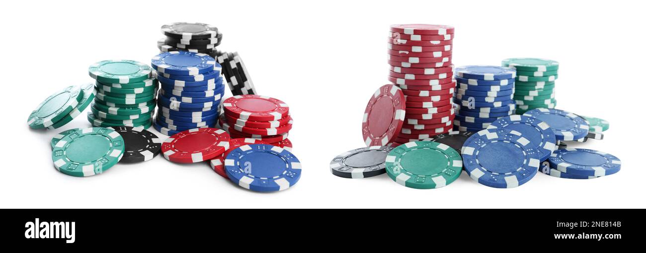 Set con pile di chip casinò diversi su sfondo bianco, banner design. Gioco di poker Foto Stock