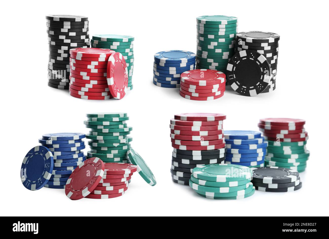 Set con pile di chip casinò diversi su sfondo bianco. Gioco di poker Foto Stock