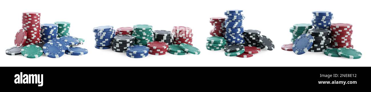 Set con pile di chip casinò diversi su sfondo bianco, banner design. Gioco di poker Foto Stock