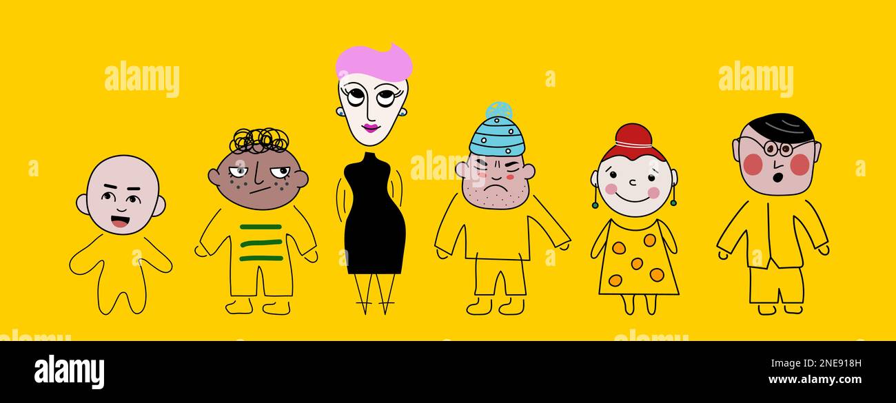 set di diversi caratteri, vettore carino avatar. doodle personaggi cartoni animati di uomini e donne Illustrazione Vettoriale