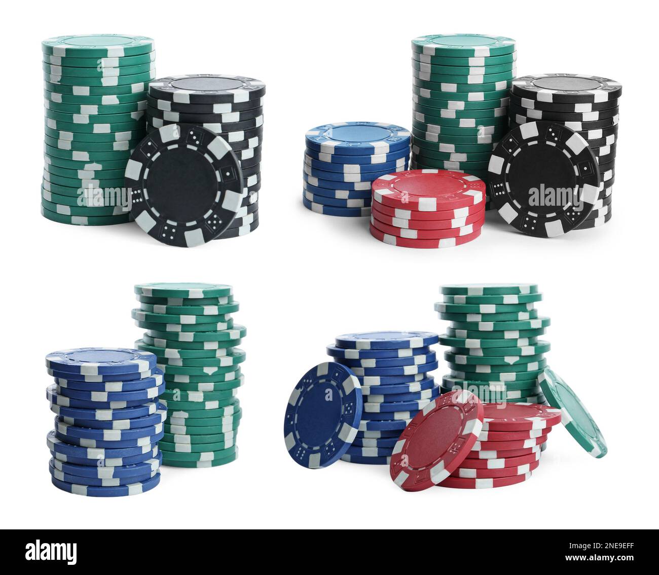 Set con pile di chip casinò diversi su sfondo bianco. Gioco di poker Foto Stock