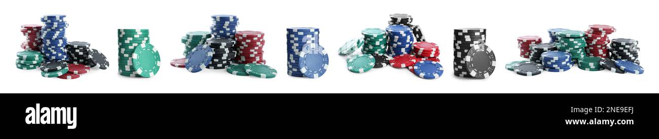 Set con pile di chip casinò diversi su sfondo bianco, banner design. Gioco di poker Foto Stock