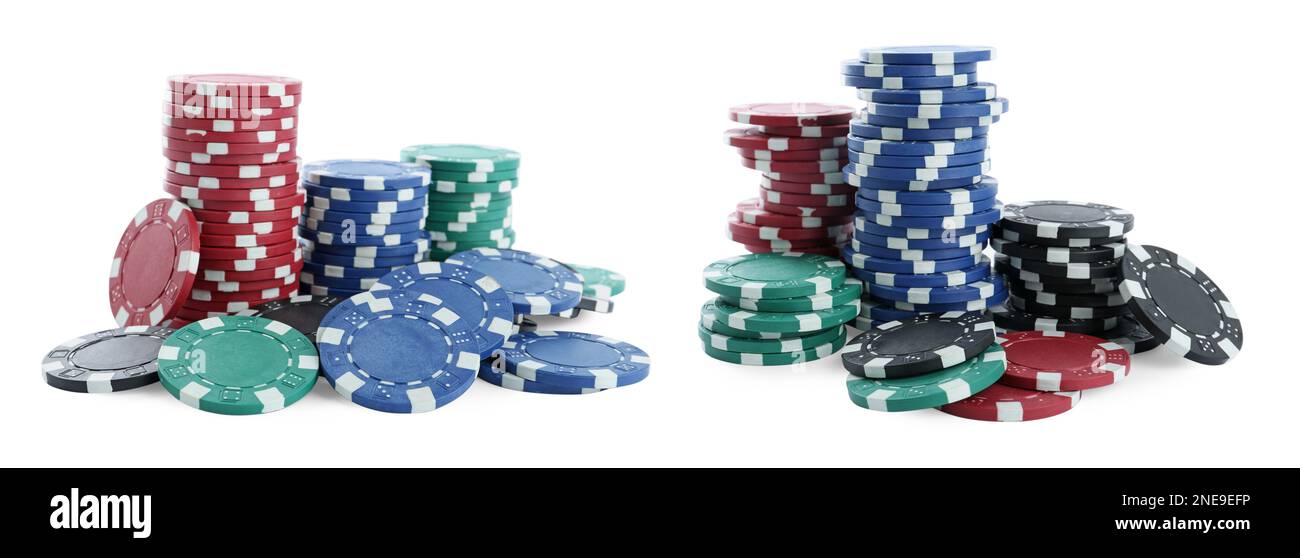 Set con pile di chip casinò diversi su sfondo bianco, banner design. Gioco di poker Foto Stock