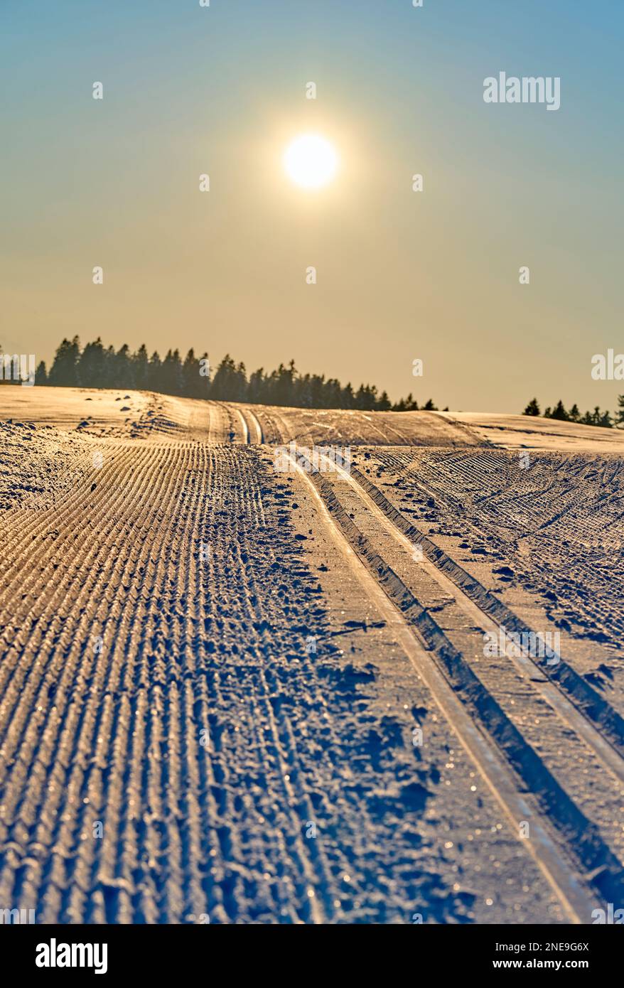 pista da sci di fondo al tramonto retroilluminata Foto Stock