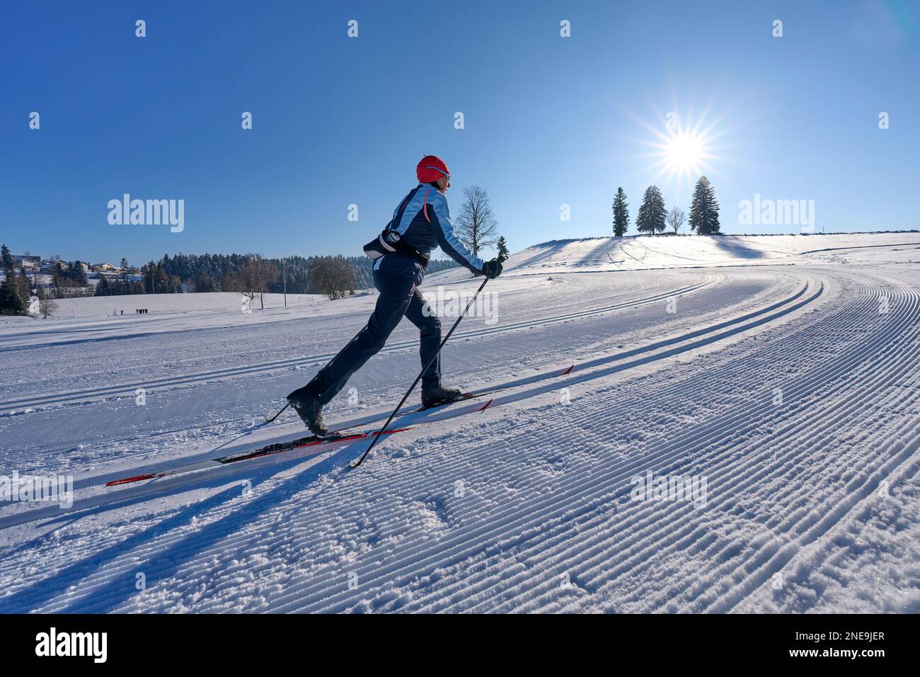 Bella donna attiva sci di fondo nelle montagne della foresta di Bregenz vicino a Sulzberg, Vorarlberg, Austria Foto Stock