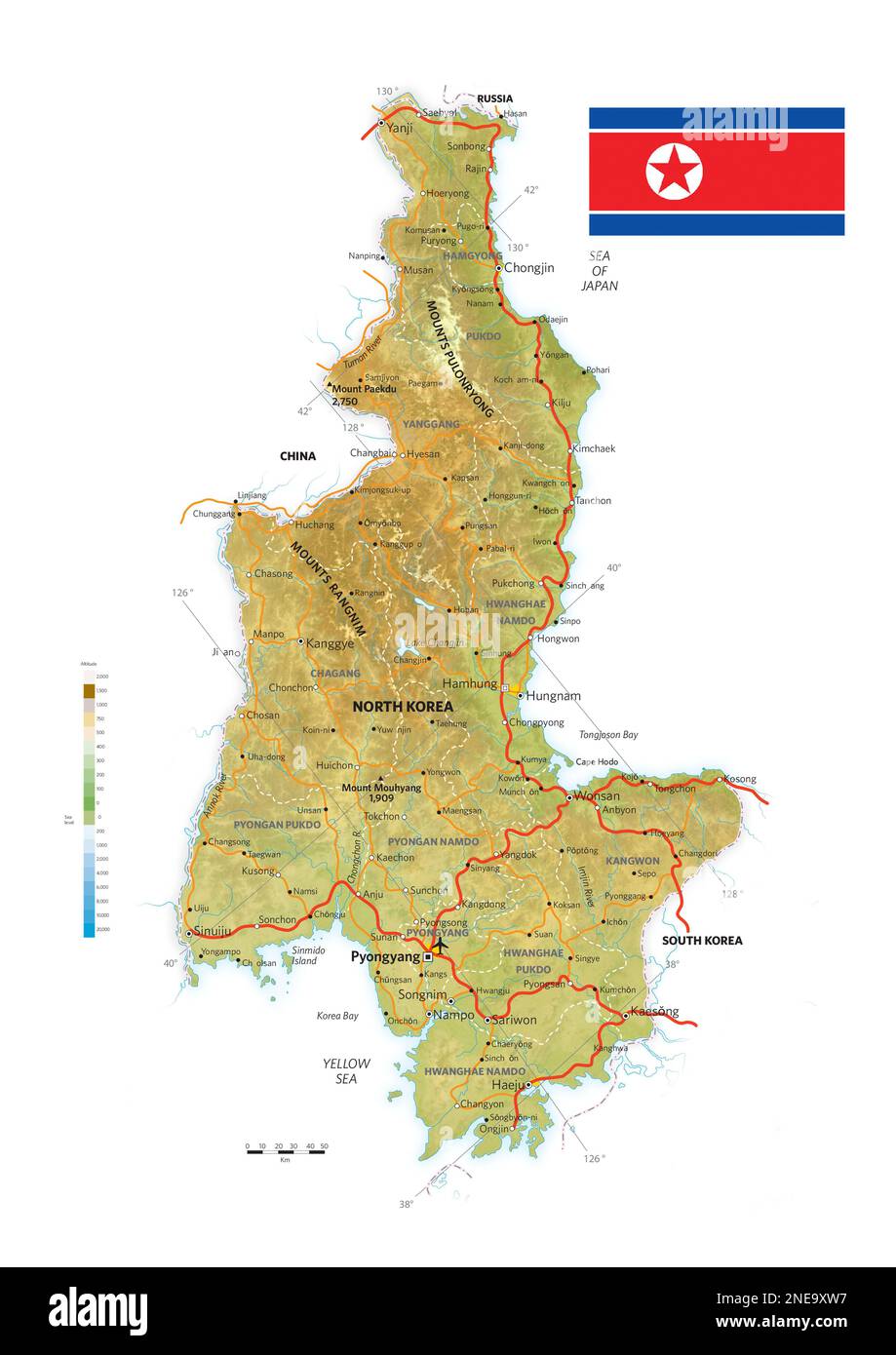 Mappe fisiche e politiche della Corea del Nord. [Adobe Illustrator (.ai); 2480x3507]. Foto Stock