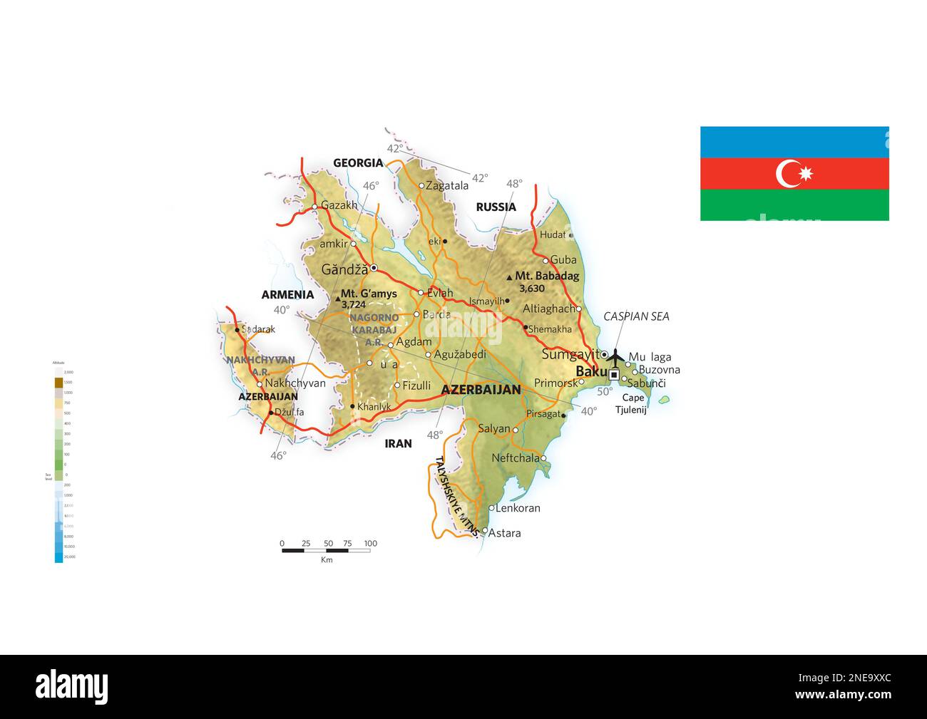 Mappa fisica e politica dell'Azerbaigian. [Adobe Illustrator (.ai); 3507x2480]. Foto Stock