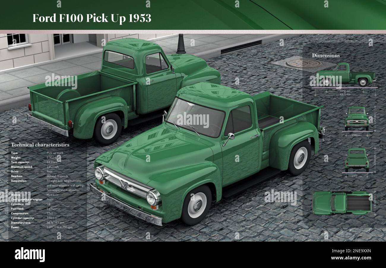 Grafica computerizzata sulle specifiche tecniche del pick up Ford F100 1953. [Adobe InDesign (.indd); 5196x3248]. Foto Stock