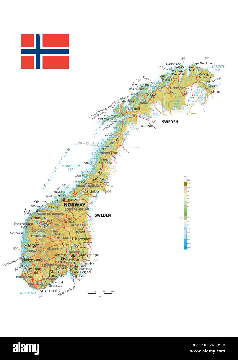 Mappa fisica e politica della Norvegia. [Adobe Illustrator (.ai); 2480x3507]. Foto Stock