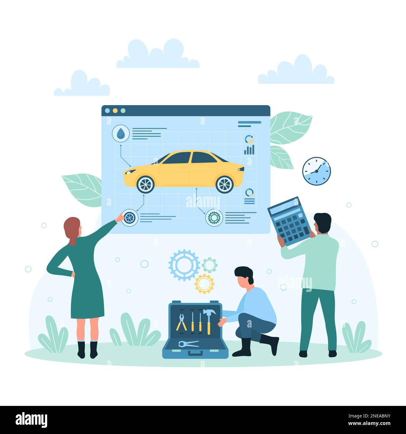 Illustrazione del vettore del servizio di riparazione auto. Cartoon persone minuscola di stazione di manutenzione auto o garage squadra lavoro sulla diagnostica professionale di automobile con moderne attrezzature tecniche e computer Illustrazione Vettoriale