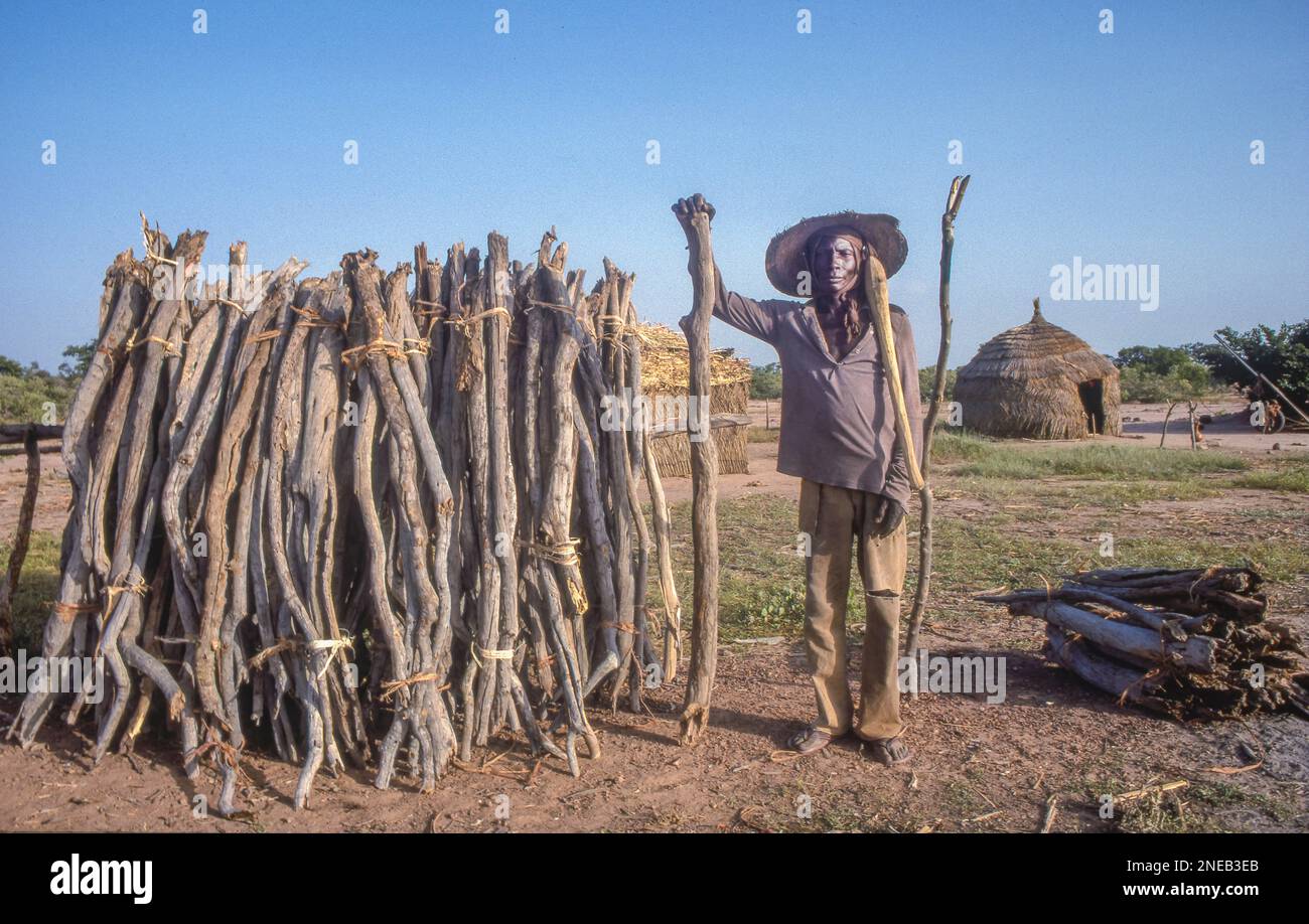 Niger, uomo vende legna da ardere ai margini del paese lungo la strada principale. Foto Stock