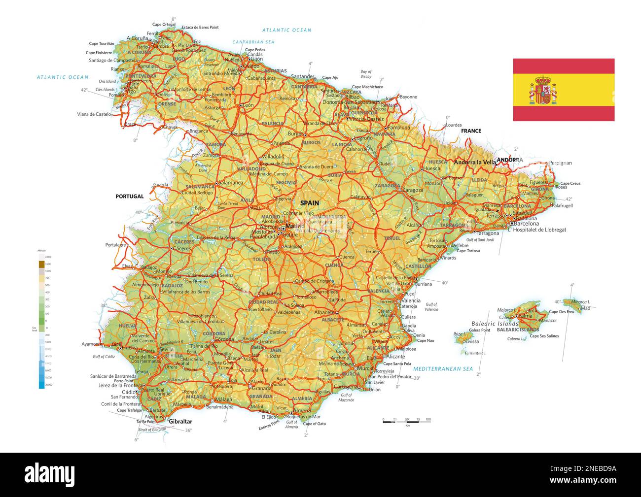Mappa fisica e politica della Spagna. [Adobe Illustrator (.ai); 3507x2480]. Foto Stock
