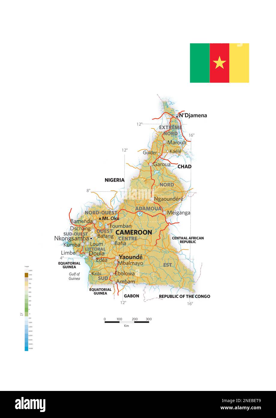Mappa fisica e politica del Camerun. [Adobe Illustrator (.ai); 2480x3507]. Foto Stock