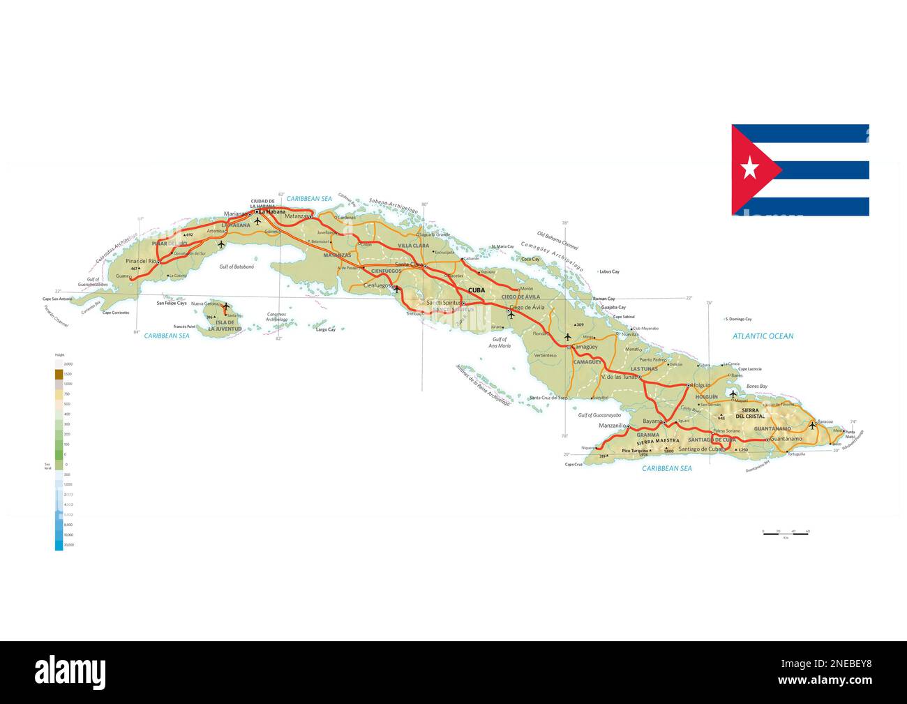 Mappa fisica e politica di Cuba. [Encapsulated Postscript file (.eps); 3507x2480]. Foto Stock