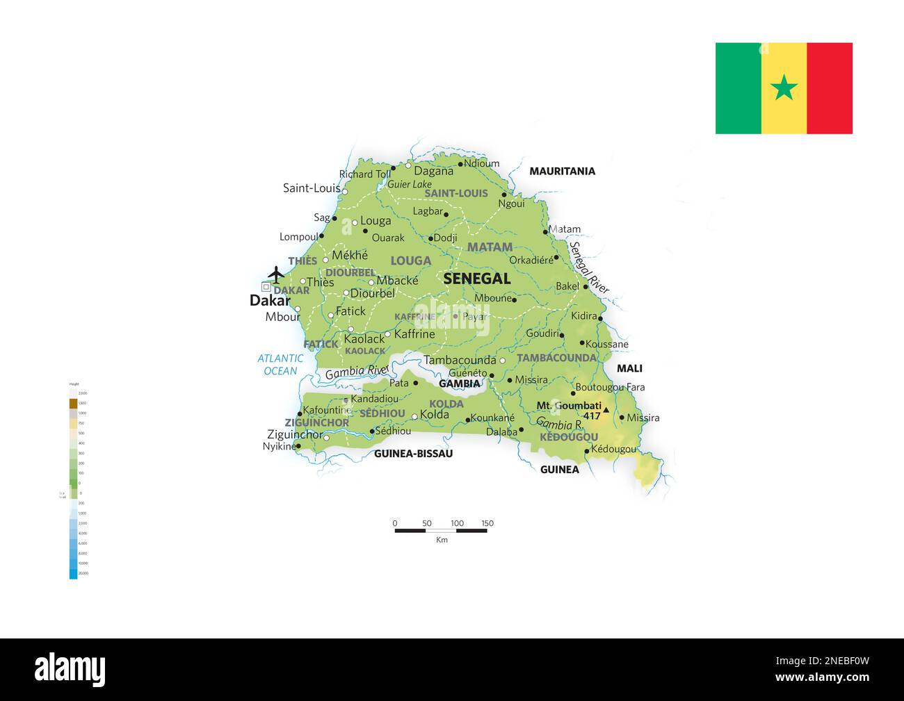 Mappa fisica e politica del Senegal. [Adobe Illustrator (.ai); 3507x2480]. Foto Stock