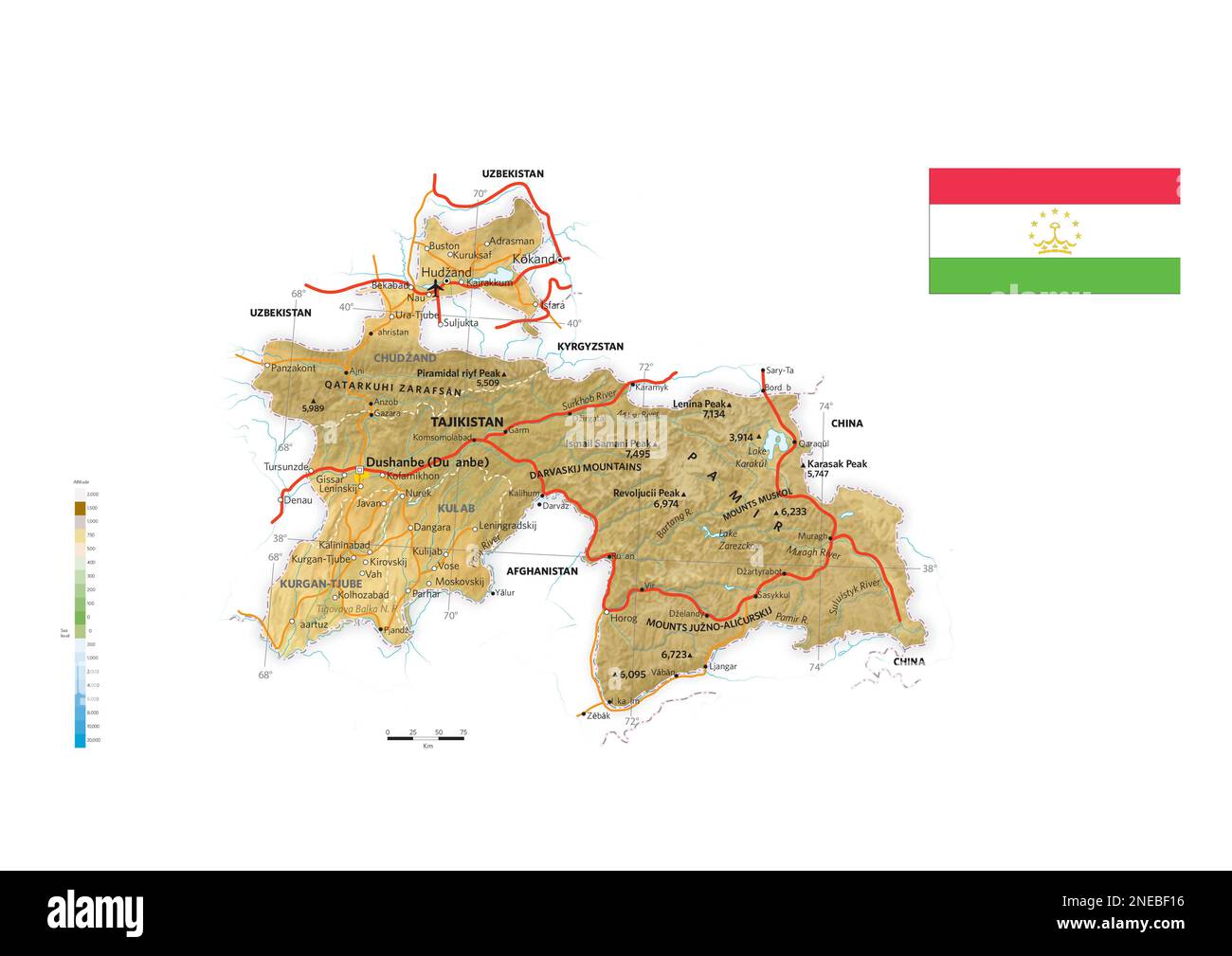 Mappa fisica e politica del Tagikistan. [Adobe Illustrator (.ai); 3507x2480]. Foto Stock