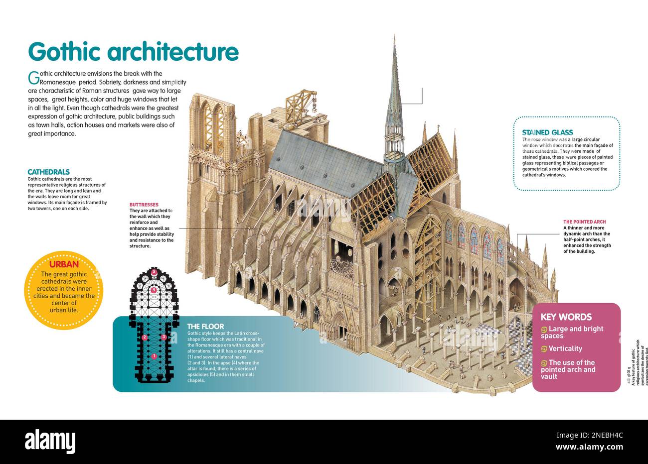 Infografica sull'arte gotica che si sviluppò a partire dal 12th° secolo nell'Europa occidentale, la cui rappresentazione più importante sono le cattedrali. [QuarkXPress (.qxp); Adobe InDesign (.indd); 4960x3188]. Foto Stock