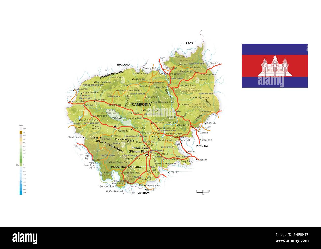 Mappa fisica e politica della Cambogia. [Adobe Illustrator (.ai); 3507x2480]. Foto Stock