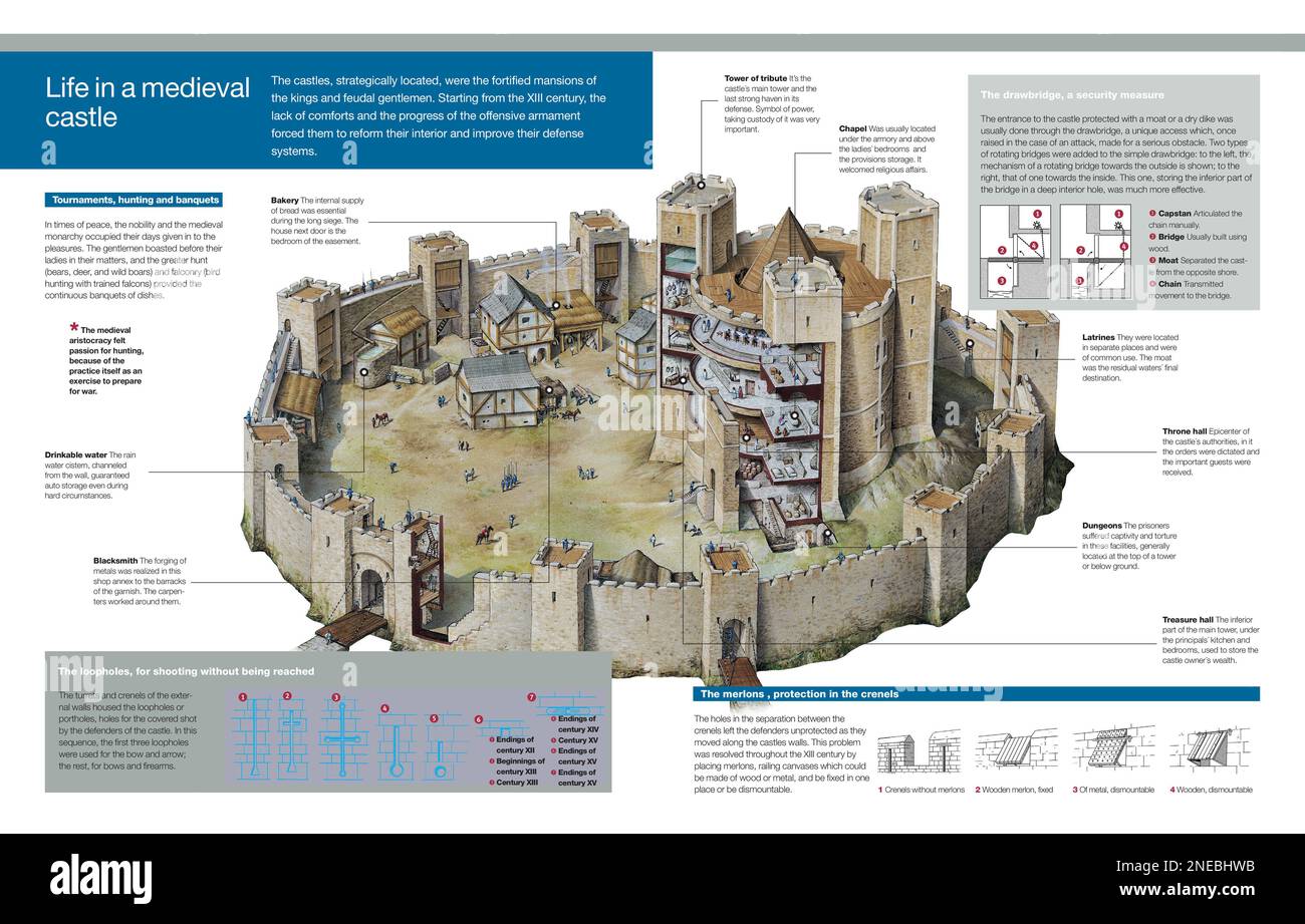 Infografica della struttura e della vita in un castello durante l'epoca medievale dell'Europa occidentale. [Adobe InDesign (.indd); 5078x3248]. Foto Stock