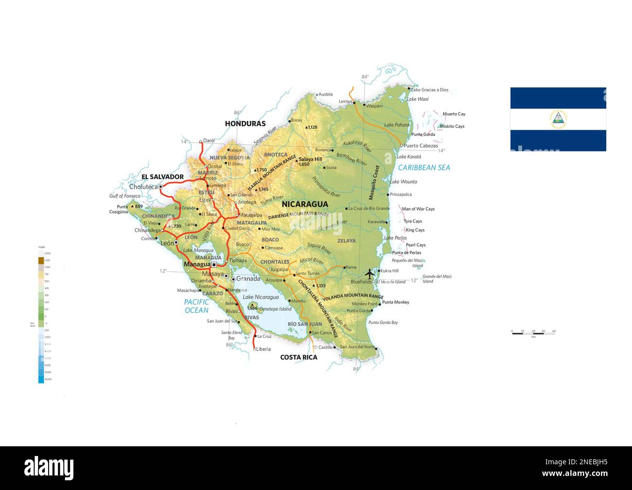Mappa fisica e politica del Nicaragua. [Encapsulated Postscript file (.eps); 3507x2480]. Foto Stock
