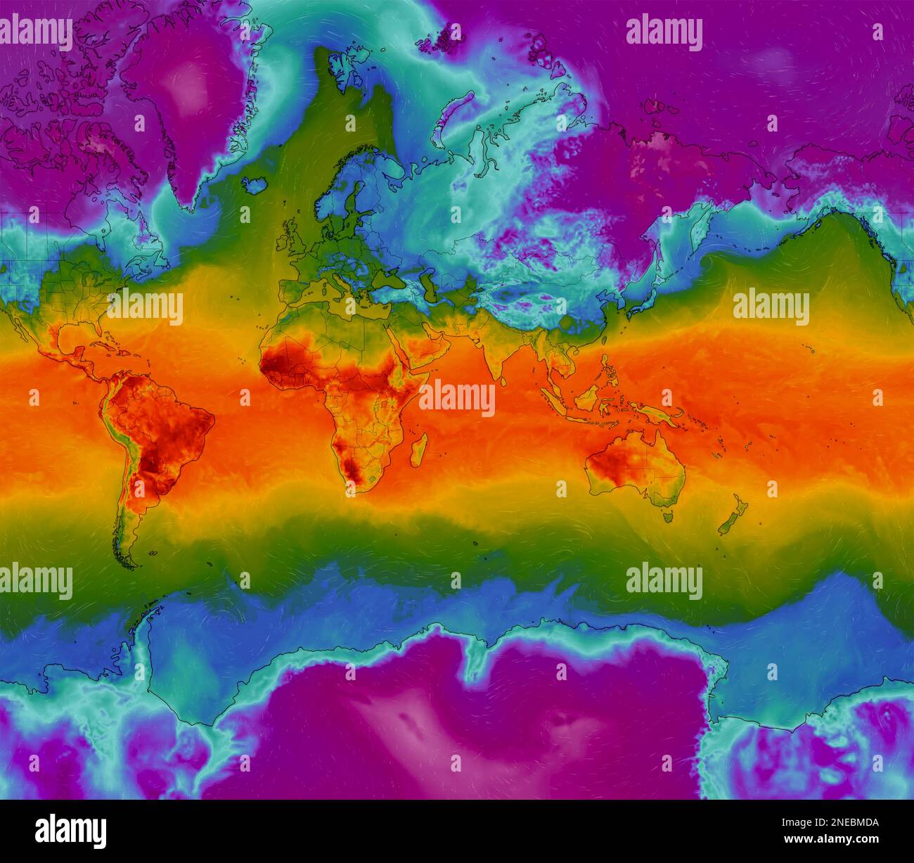 Dresda, Germania - 14 febbraio 2023: Mappa del mondo sul servizio web Windy Weather che mostra le ondate di caldo globale di temperatura estrema alta nell'emisfero meridionale Foto Stock