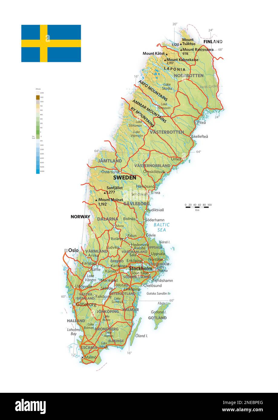 Mappa fisica e politica della Svezia. [Adobe Illustrator (.ai); 2480x3507]. Foto Stock