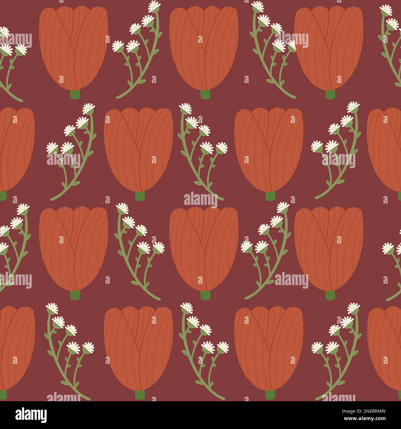 Tulipano rosso senza cuciture con fiori isolati disegnati a mano rossi e bianchi. Bella stampa allover Foto Stock