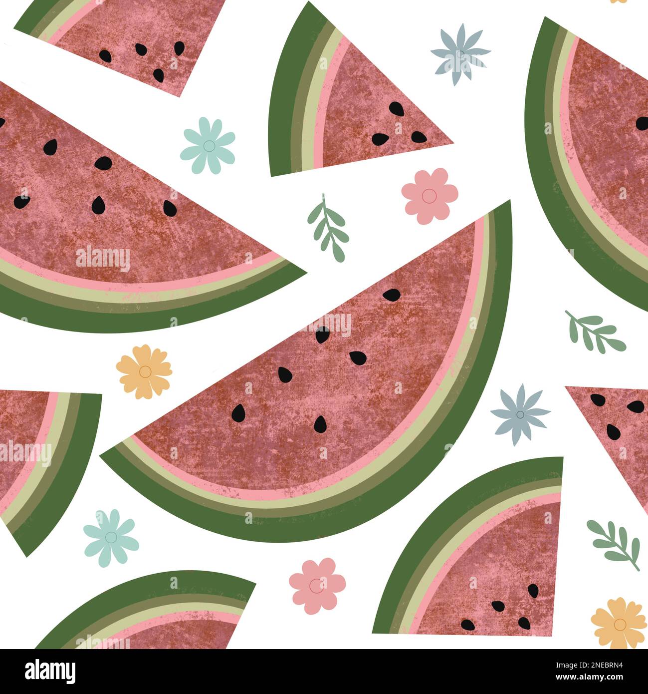 Motivo senza cuciture a fette di anguria. Stampa allover di frutta fresca e succosa con fiori su sfondo bianco Foto Stock