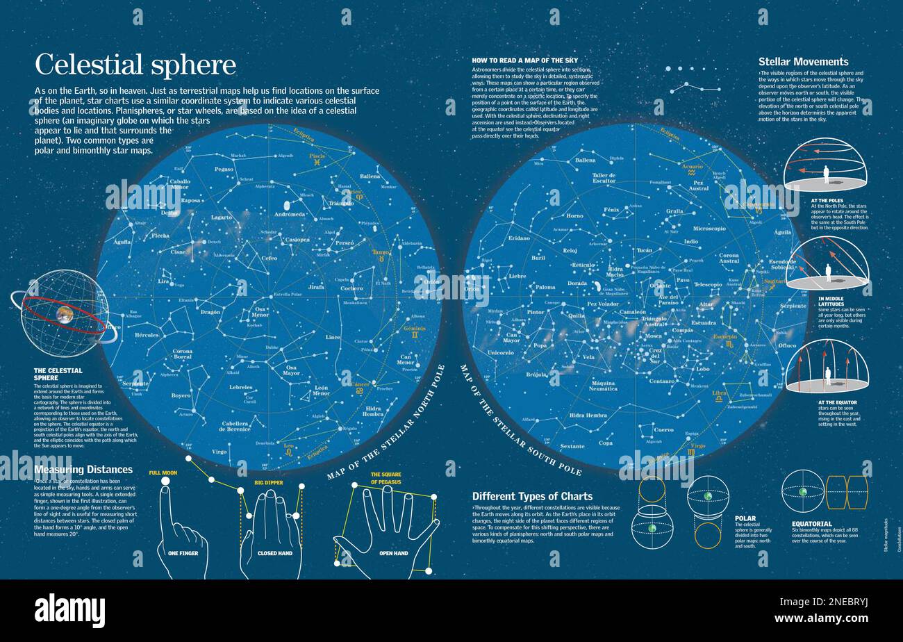 Infografica sulle mappe celesti dei poli nord e sud, dove si trovano le costellazioni delle stelle. [QuarkXPress (.qxp); 6259x4015]. Foto Stock