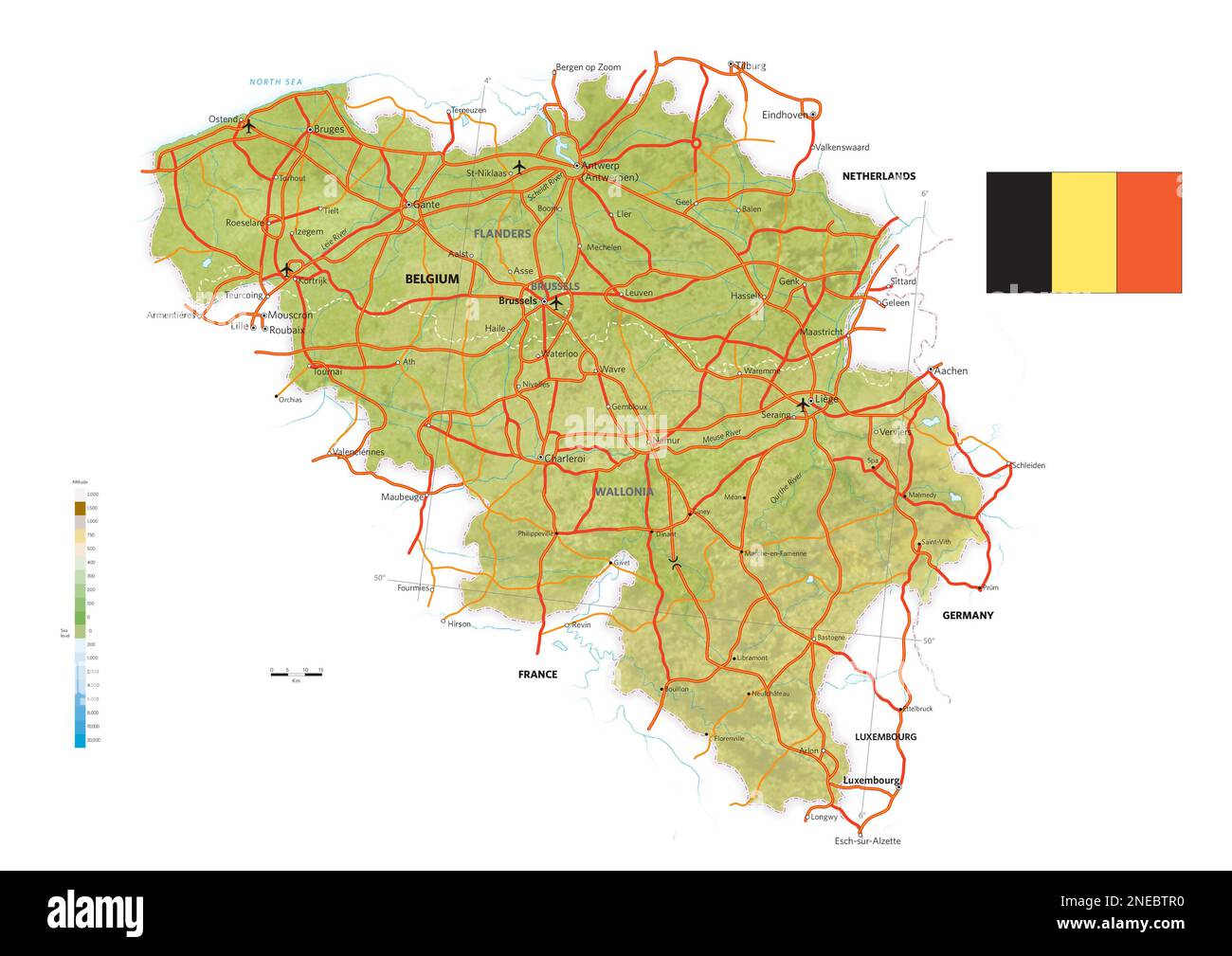 Mappa fisica e politica del Belgio. [Adobe Illustrator (.ai); 3507x2480]. Foto Stock