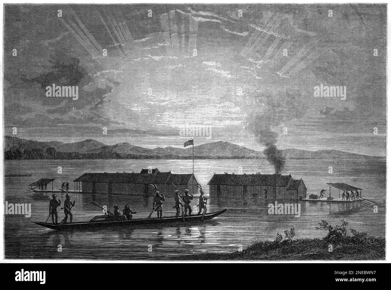 Case galleggianti o fiume Dayak sul fiume Barito Borneo Sud Kalimantan Indonesia. Vintage Engraving o Illustrazione 1862 Foto Stock