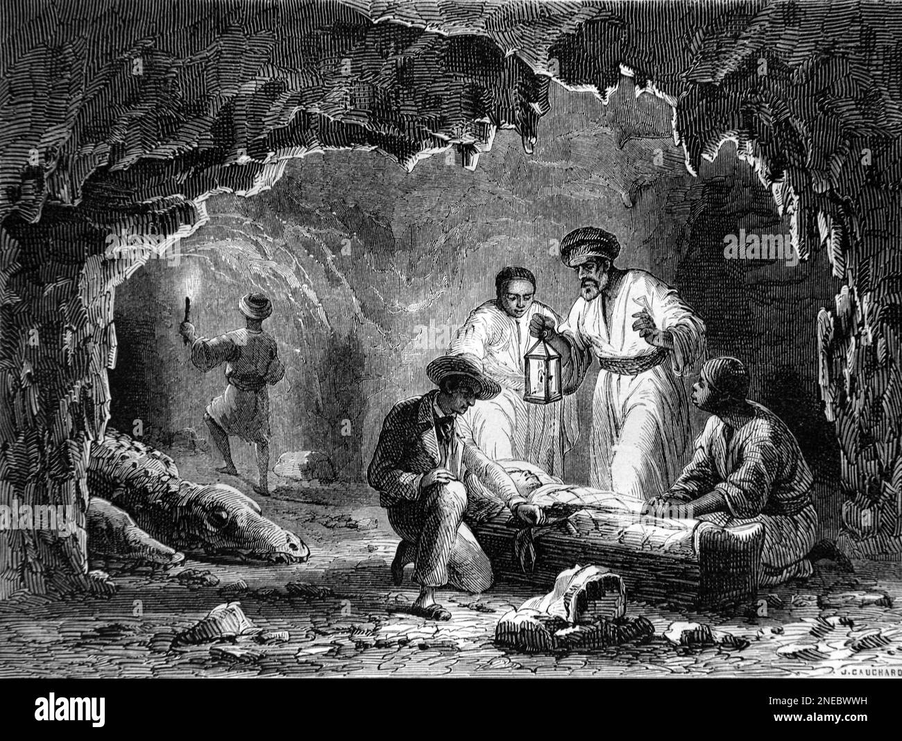 I viaggiatori esplorano l'interno delle Grotte di Samson nel deserto di Tebaid o Tebais, una regione dell'antico Egitto, intorno alle antiche Tebe o Luxur, Egitto. Vintage Engraving o Illustrazione 1862 Foto Stock